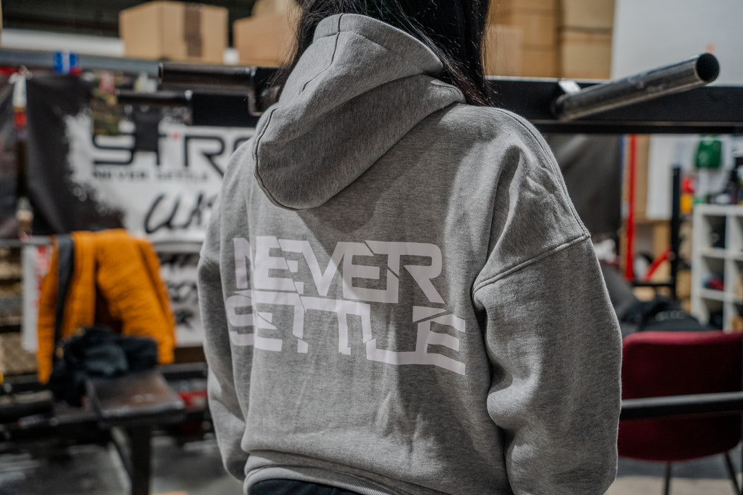 NEVER SETTLE Heavyweight Oversized Grey Zip Hoodie + FREE STRAPS